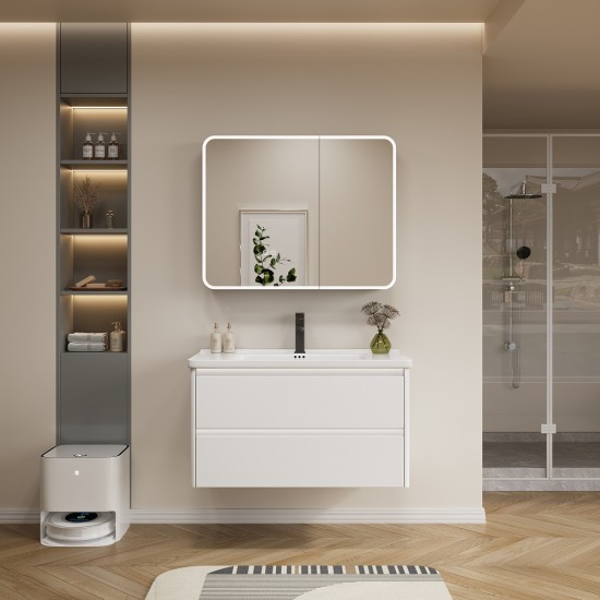 Комплект мебели за баня, от PVC, 60, 70 и 80 см. - долен шкаф с умивалник и горен шкаф с LED огледало